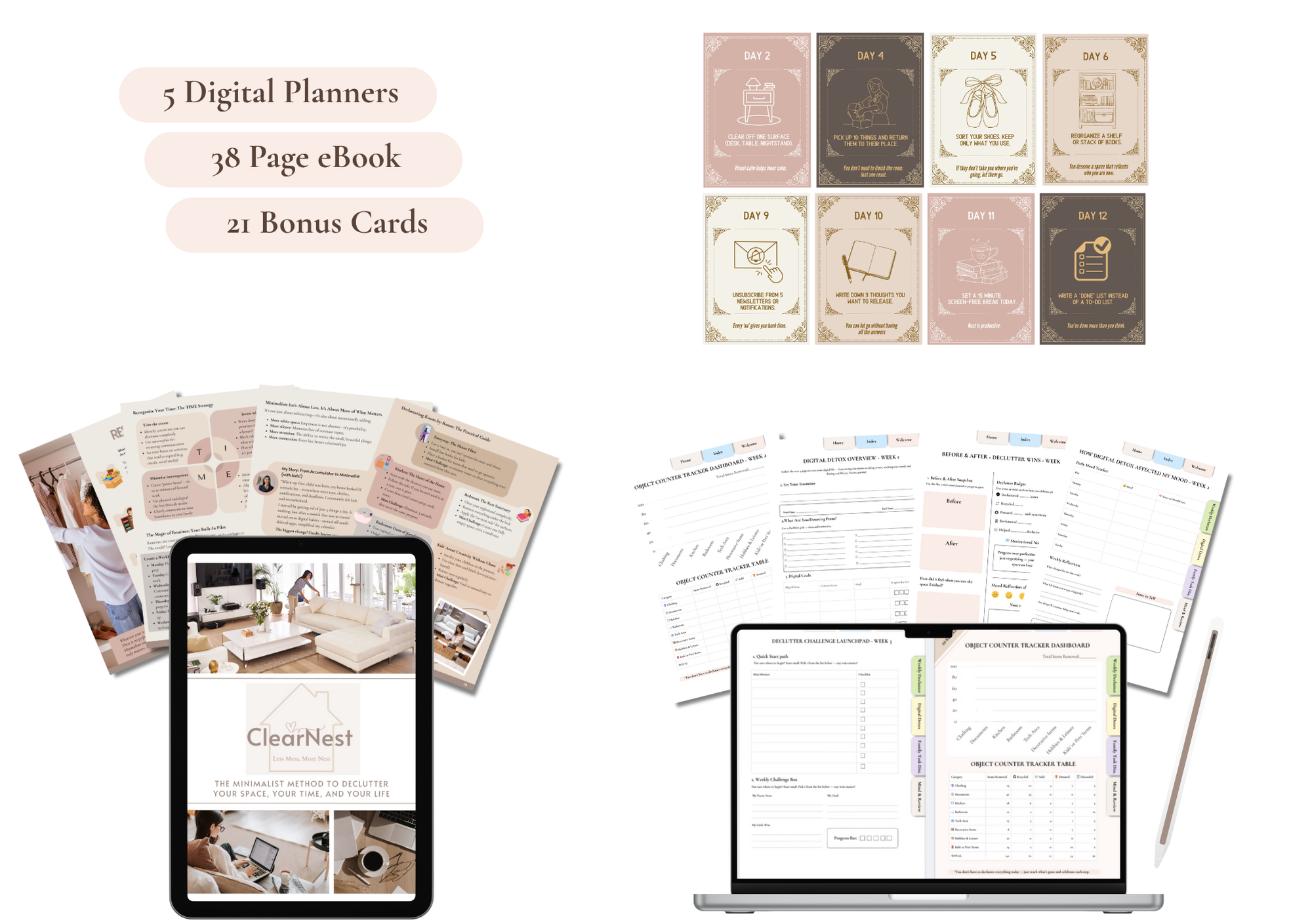 The ClearNest Bundle ✨ eBook + 5 Digital Planning Tools + 21 Reset Cards (Bonus)